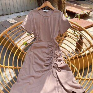 Mauve Taupe Ruched Drawstring Side Midi T-Shirt Dress
